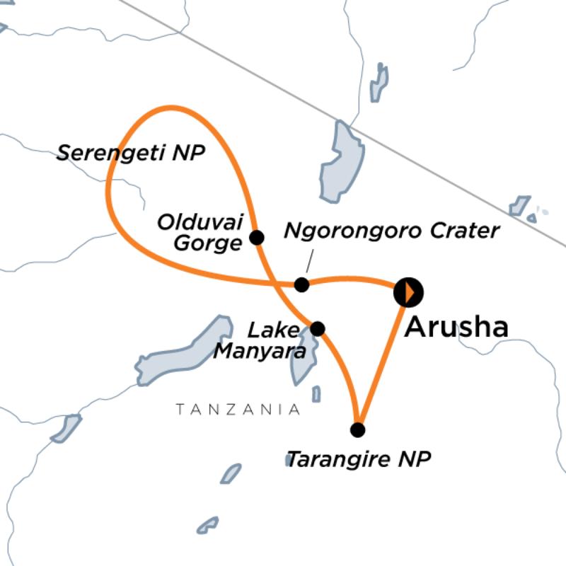 Map of the route for Tanzania Wildlife Safari