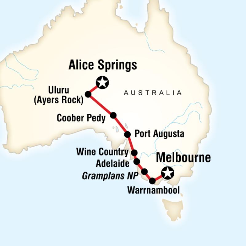 Route map for Outback to The Great Ocean Road in Style (OAOG)