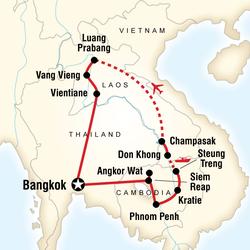 Route map for Cambodia & Laos Mekong Adventure (ATCM)