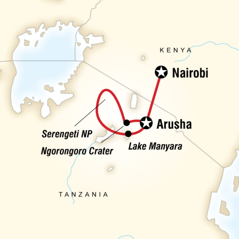 Map of the route for Tanzania Camping Safari
