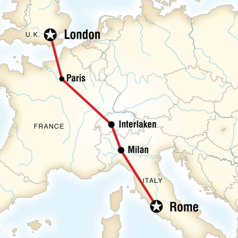 Map of the route for London to Rome Adventure