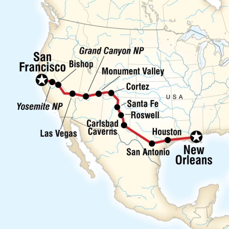 Map of the route for New Orleans to San Francisco Road Trip