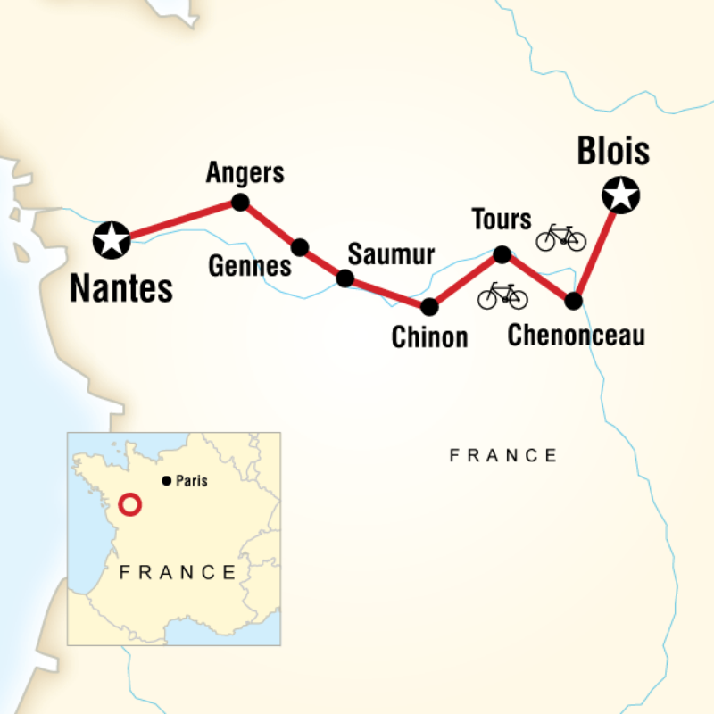 Map of the route for Loire Valley Cycling