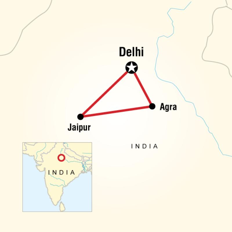 Map of the route for Golden Triangle—Delhi, Agra & Jaipur