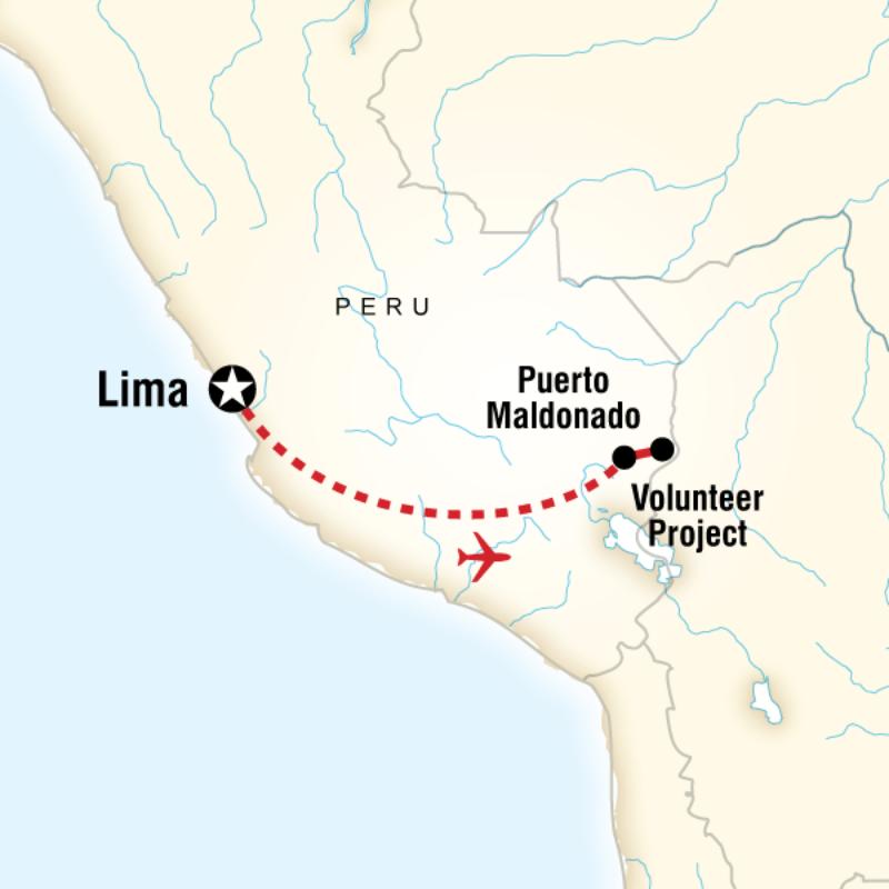 Map of the route for Volunteer Peru Amazon