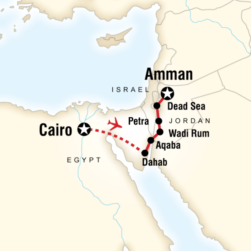 Map of the route for Cairo to Amman on a Shoestring
