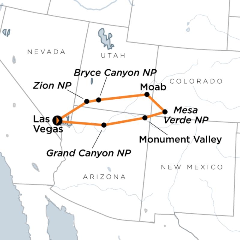 Map of the route for Historic Parks of the American Southwest