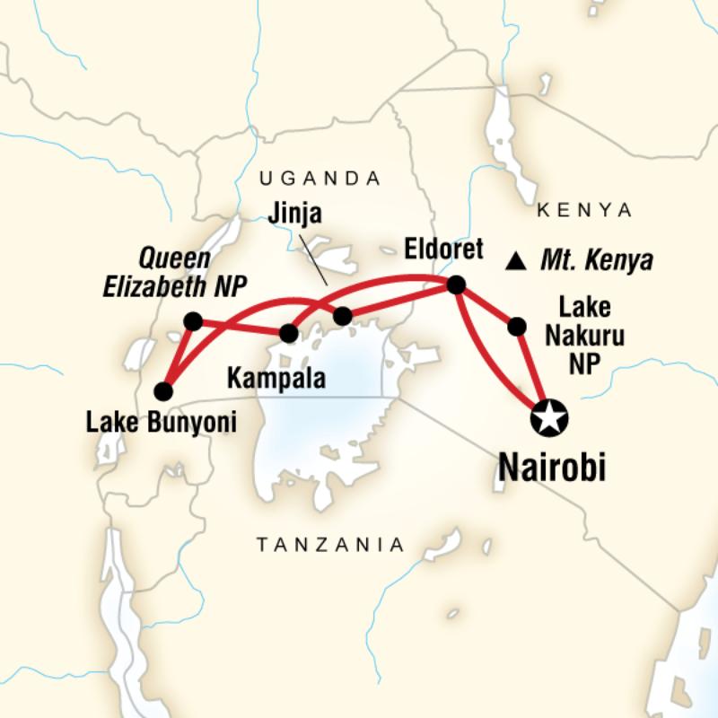 Route map for Kenya & Uganda Gorilla Adventure (DKKU)