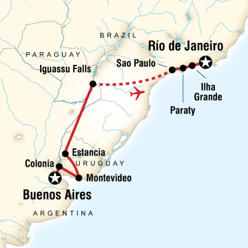 Route map for In Search Of Iguassu—Buenos Aires to Rio (JBR)