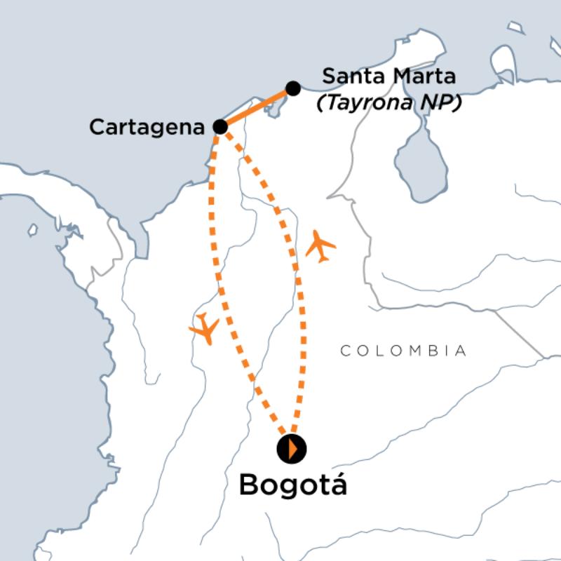 Map of the route for Colombia Cultural Journey