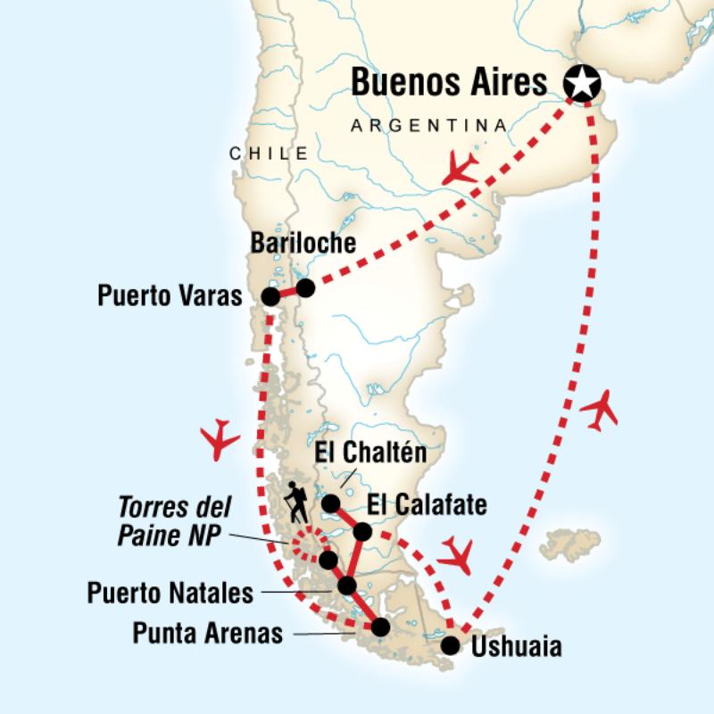 Map of the route for Patagonia Dreaming