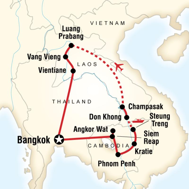 Route map for Cambodia & Laos Mekong Adventure (ATCM)