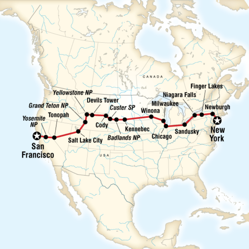 Map of the route for Coast to Coast Camping Westbound