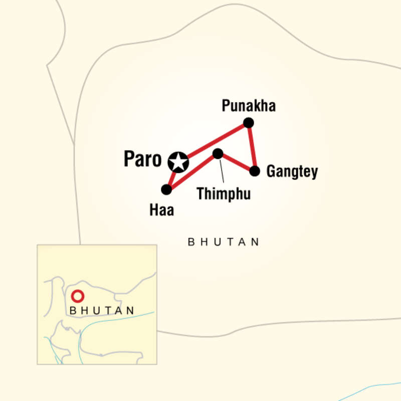 Route map for Wonders of Bhutan (ADWB)