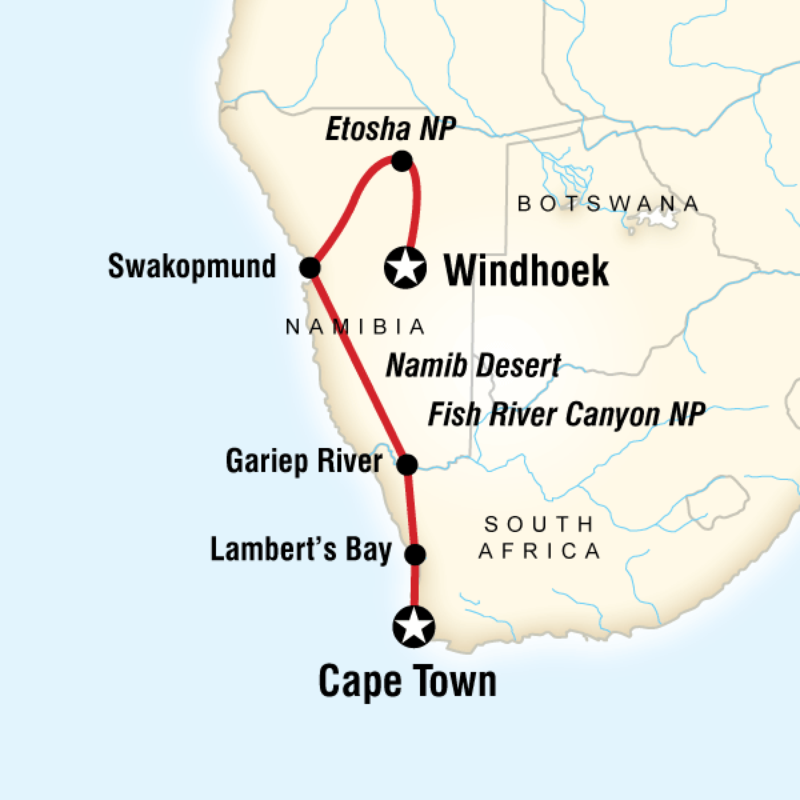Route map for Cape and Namibia Adventure (DACD)