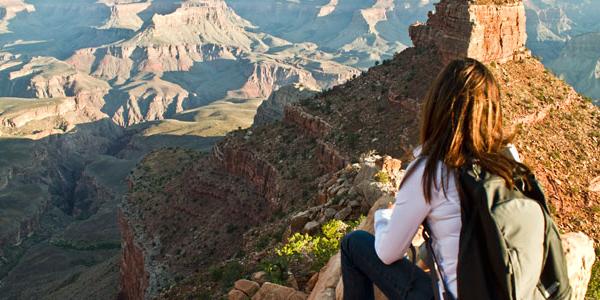 A walker looks out over the Canyons