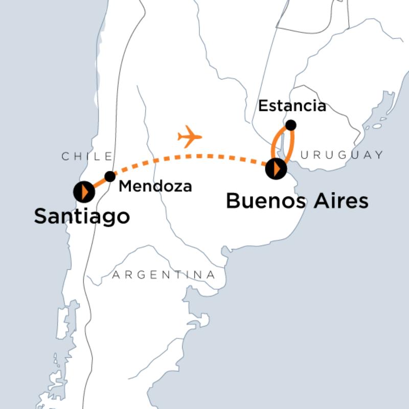 Route map for Argentina & Chile Gourmet Adventure (SCGAD)