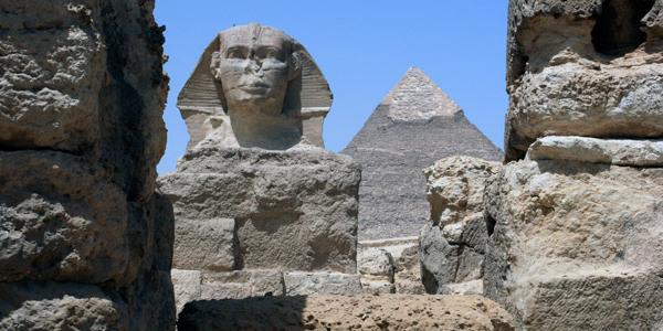 Sphinx and pyramid in Cairo, Egypt