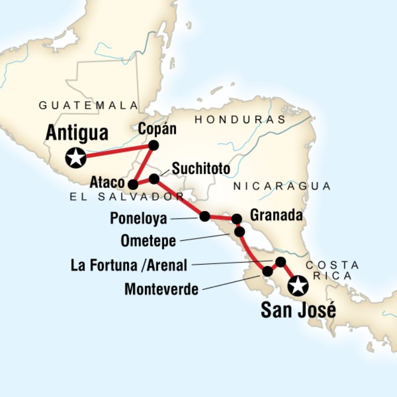 Map of the route for Backroads of Central America
