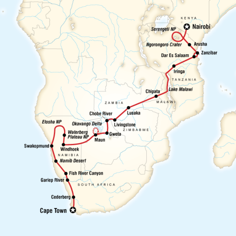 Route map for Cape Town to Nairobi (DCN)