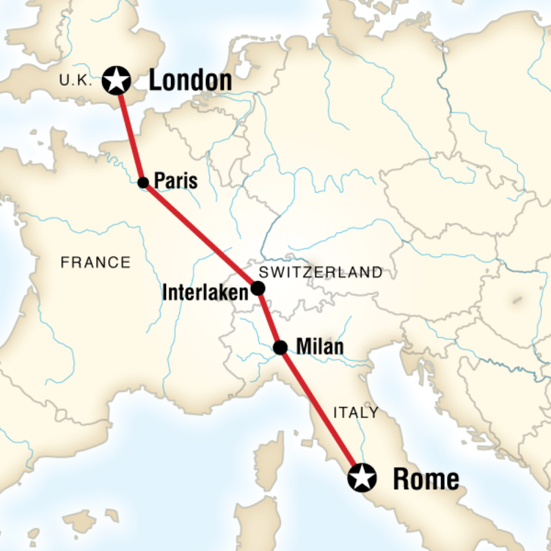Route map for London to Rome Adventure (EELR)