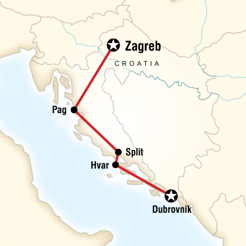 Route map for Croatia Adventure - Zagreb to Dubrovnik (ECZD)