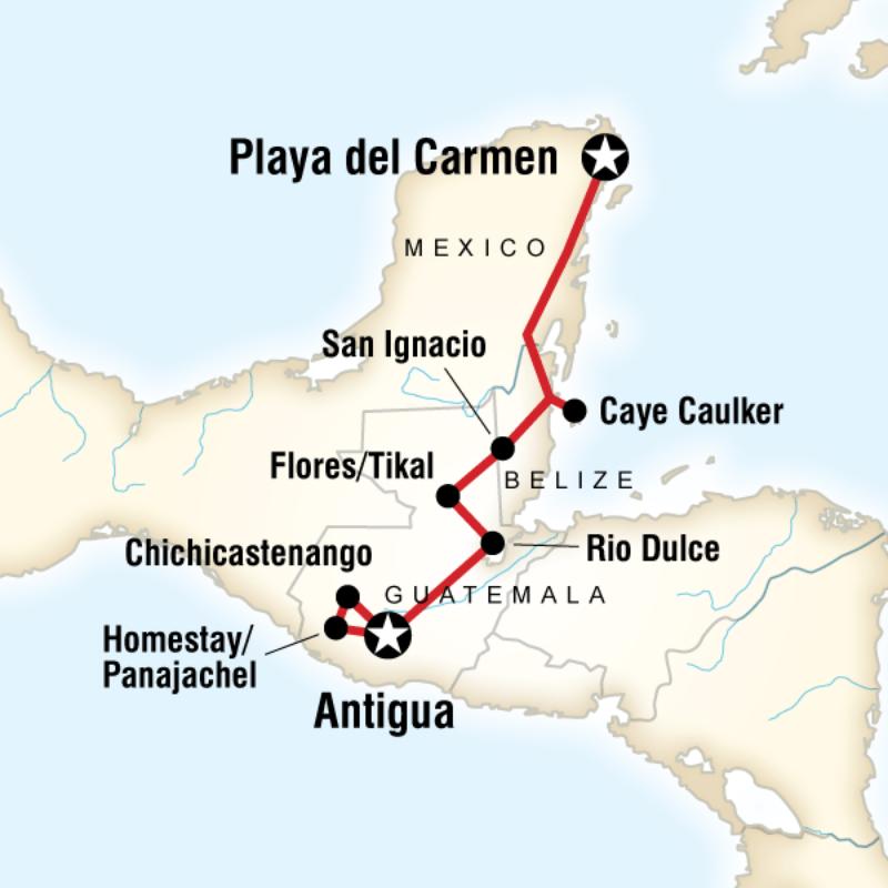 Map of the route for Mayan Sun—Southbound