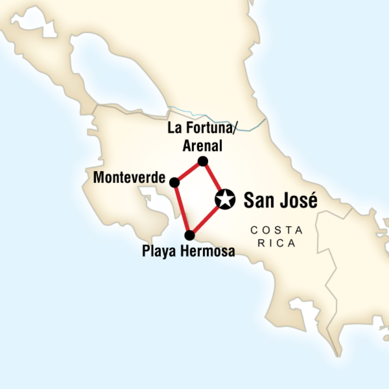 Route map for Costa Rica Volcanoes & Surf (CRVS)