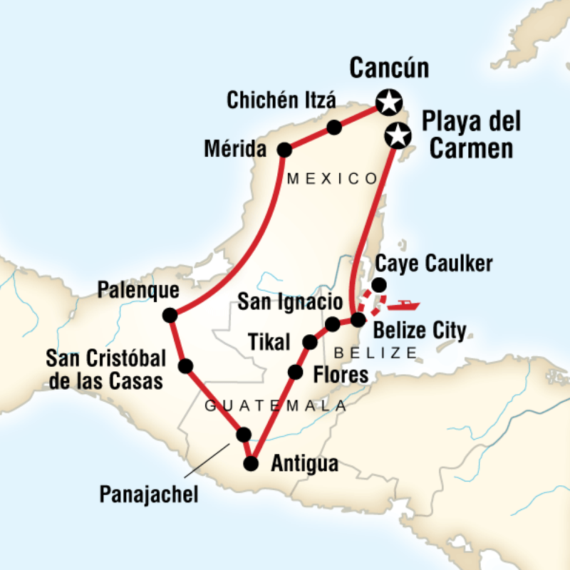 Map of the route for Mayan Adventure