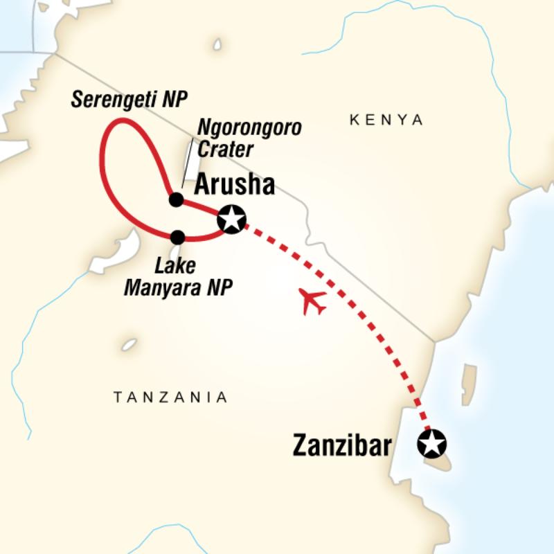 Map of the route for Tanzania Volunteer and Safari