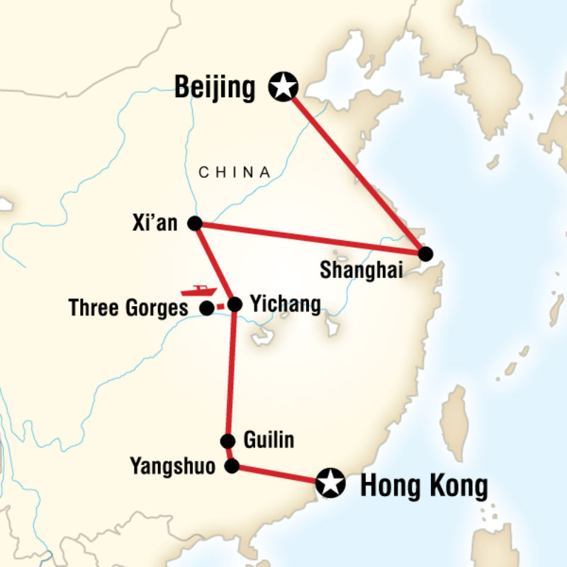 Route map for China on a Shoestring: Hong Kong to Beijing (ACRC)