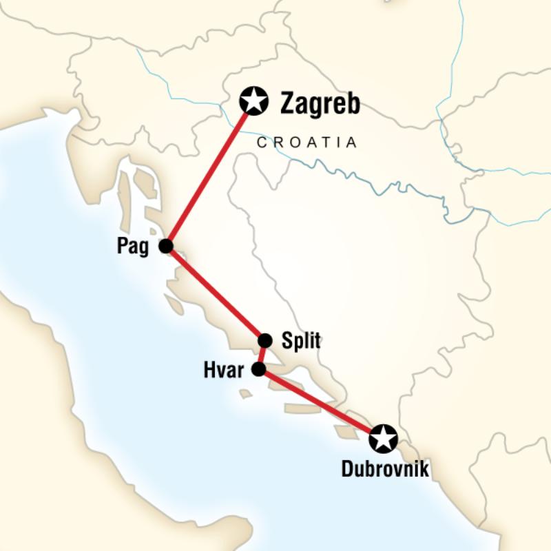 Map of the route for Croatia Adventure - Zagreb to Dubrovnik