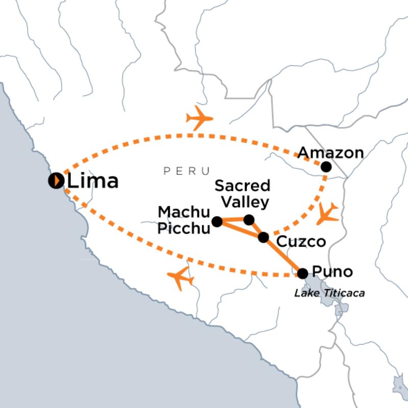 Map of the route for Amazon & Incan Adventure