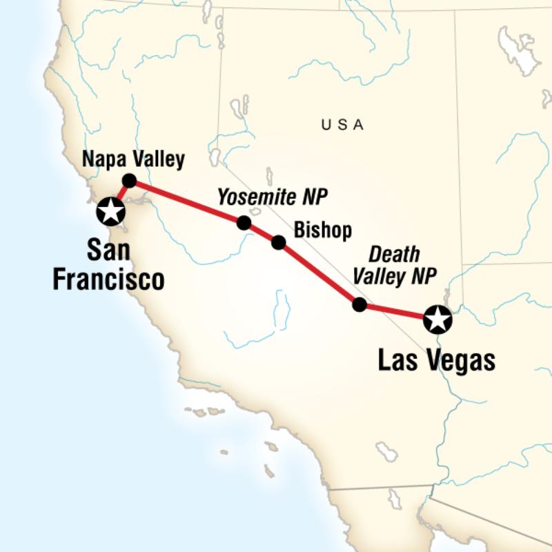 Map of the route for Yosemite Park & Napa Valley