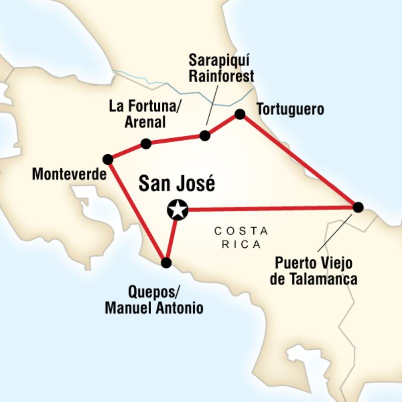 Route map for Costa Rica Adventure (CRA)