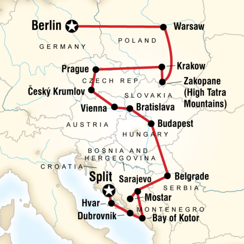 Route map for Eastern Europe, Croatia & the Balkans (EDLT)