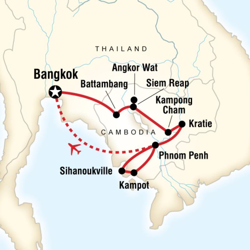 Map of the route for Ultimate Cambodian Adventure