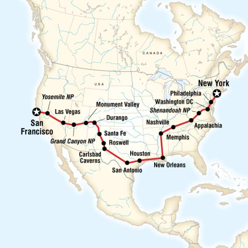 Map of the route for Southern Cross Country Westbound