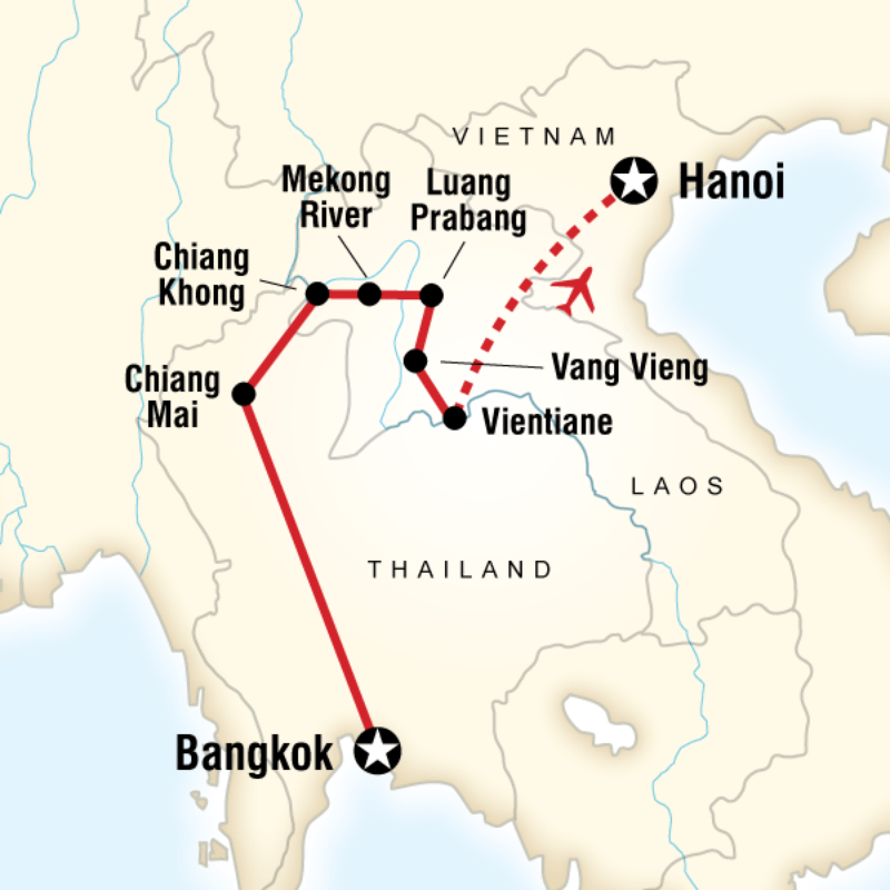 Map of the route for Thailand and Laos Adventure