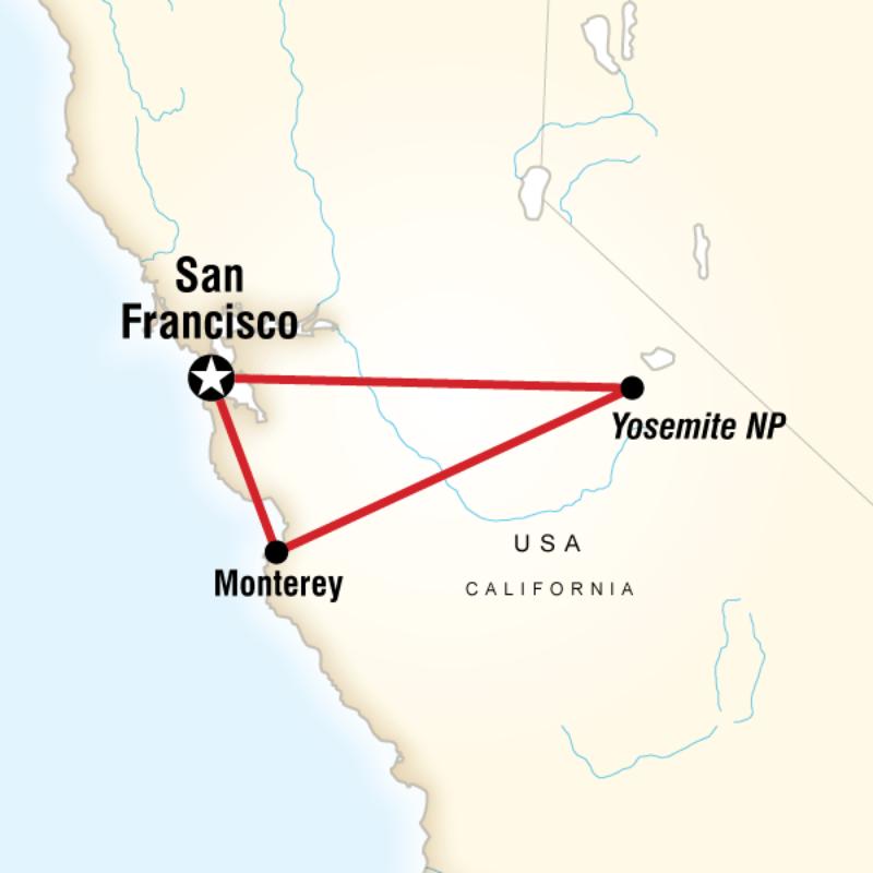 Map of the route for Yosemite & Monterey Active Escape