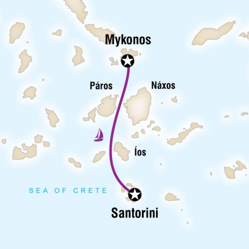 Map of the route for Greek Islands Sailing Adventure (Mykonos to Santorini)