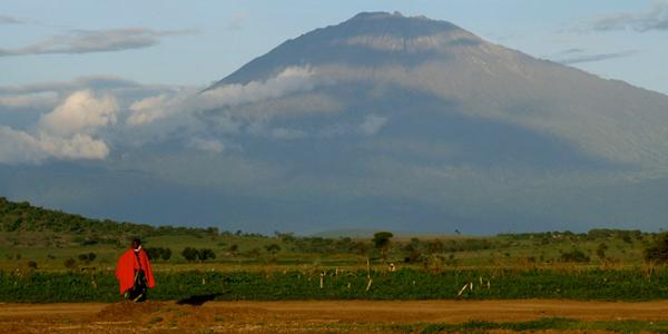 Man walking with Kilimanjaro in the background.