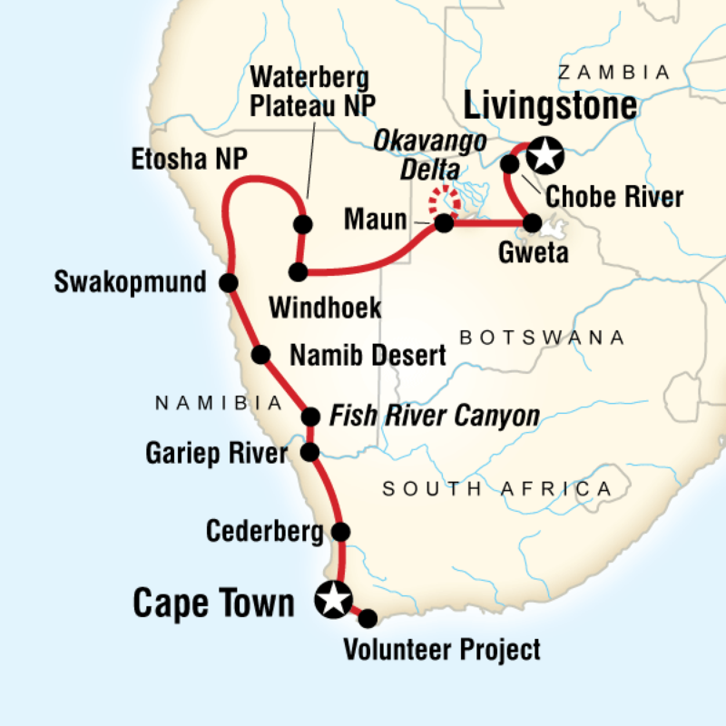 Map of the route for South Africa Volunteer and Overland Adventure