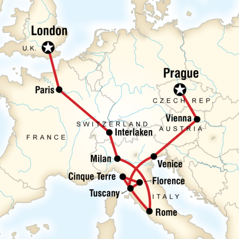 Map of the route for London to Prague Adventure