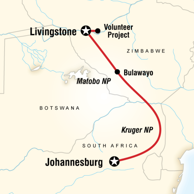 Route map for Zambia Volunteer and Safari (DZPT)