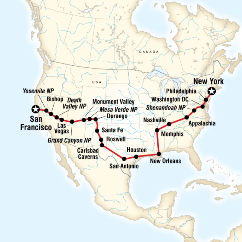 Map of the route for Coast to Coast Road Trip Eastbound