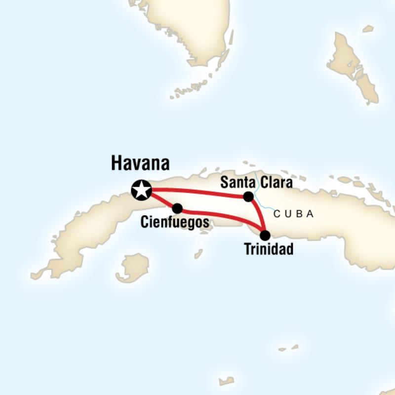 Map of the route for Central Cuba Adventure