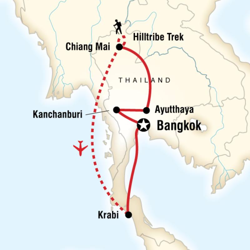 Map of the route for Thailand Hike, Bike & Kayak