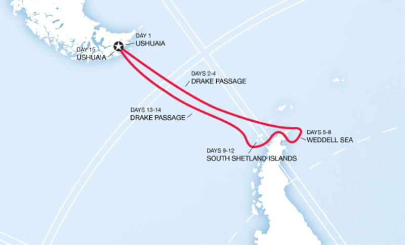 Route map for The Antarctic Peninsula and the Weddell Sea (XVAWSX)