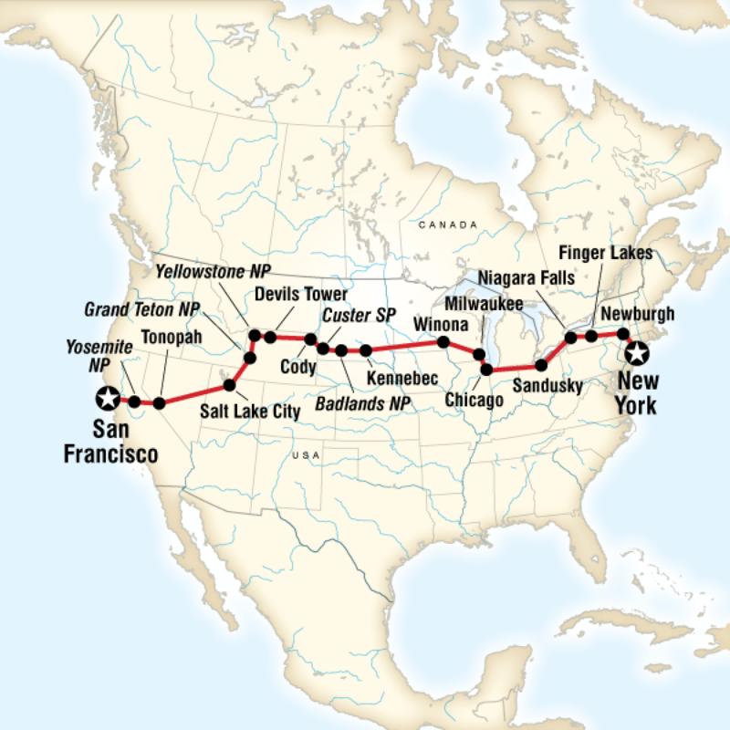 Map of the route for Coast to Coast Camping Westbound